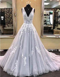 Gray V-Neck Tulle Lace Appliques Sleeveless A-Line Lace-up Long Prom Dresses