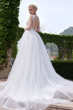 New Style A-line Scoop Neck Tulle Appliques Lace Court Train Backless Wedding Dress