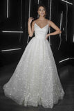 Sparkly Charming V Neck Straps Sequins White Prom Dresses CD18165