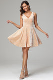 Champagne A Line V-neck Short Sequins Homecoming Dress