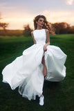 Elegant A-line Bateau Ivory Sleeveless Satin Prom Dress Simple Wedding Dress