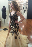 Black V-Neck Mermaid Tulle Lace Beads Sheer Back Long Applique Prom Dresses