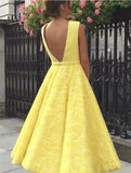 A-Line Deep V-Neck Cute Yellow Tea Length Sleeveless Open Back Lace Prom Dresses