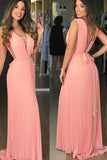 Elegant V Neck Chiffon Coral Straps V Neck Prom Dresses with Belt, Long Evening Dresses STK15212