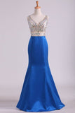 2024 Prom Dresses Mermaid V Neck Open Back Satin & Tulle With PFFCXCJZ