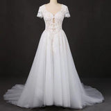 A-line Short Sleeves Beads V Neck Lace Applique Wedding Dresses, Bridal Dress STK15051