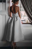 Unique Tea Length Satin Party Dress Spaghetti Straps Backless Prom STKPJX62HDM