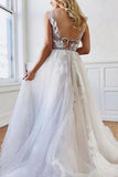 A Line Deep V-Neck Backless White Tulle Prom Dress With Appliques, Evening Dresses STK14997