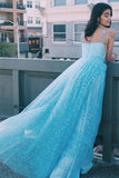 Charming A Line Spaghetti Straps Blue Tulle Prom Dresses with Stars, Dance Dresses STK15503