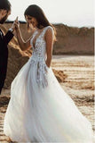 A-Line Deep V-Neck Sweep Train Tulle Ivory Wedding Dress with Appliques Split STK15049