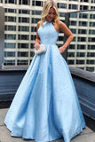 Elegant A Line Satin Jewel Pearls Blue Open Back Prom Evening Dresses With Pockets STK15151