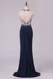 2024 Sexy Open Back Prom Dresses Sheath Scoop Spandex With Beading PKF47GKF