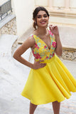 Yellow Floral Satin Illusion Back Daffodil V Neck Homecoming Dresses Short Cocktail Dresses STK14985