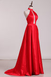 New Arrival Halter A Line Evening Dresses Satin Sweep STKPXRSZSBM