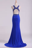 2024 Open Back Prom Dresses Scoop Spandex With Beading And Slit Sweep PABCXDDC