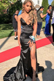 Sexy Strapless Mermaid V Neck Black Prom Dresses with Slit Sleeveless Long Evening Dress STK15362