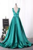 2024 A Line Evening Dresses V Neck Satin Sweep Train PRXET2GR