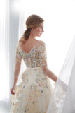 Charming A Line Floral Scoop Prom Dresses 3/4 Sleeves Empire Waist Long Evening Gowns STK15088