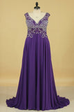 2024 A Line V Neck Beaded Bodice Chiffon Sweep Train Prom PL99669T