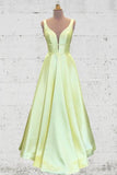 Unique A Line Yellow Satin Prom Dresses with Pockets, Simple Formal STK20452