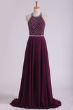 2024 A Line Prom Dresses Halter Beaded Bodice Open Back Sweep Train Chiffon & PNY91XXH