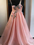 Unique A Line One Shoulder 3D Appliques Pink Tulle Long Beads Prom SRS20449