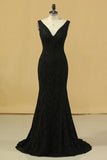 2024 Black Lace Evening Dresses V Neck Open Back Sweep Train Sheath Size PC5BB5L4