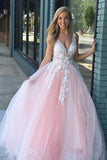 Charming Ball Gown V Neck Tulle Lace Appliques Prom Dresses, Evening STK20397