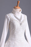 2024 Muslim Wedding Dress Sweetheart A Line Court Train With Applique & Sash PLC2TLGM