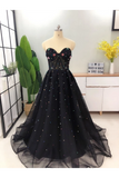 Elegant A Line Sweetheart Strapless Black Tulle Prom Dresses With STKPT11F6GE