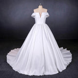 Ball Gown Off the Shoulder White Satin Wedding Dresses, Simple Cheap Wedding Gowns STK15065