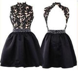 Elegant Short Open Back Lace Black Fitted Halter Cute Mini Homecoming Dresses