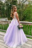 A Line Lilac Appliques V Neck Long Prom Dresses, Long Prom Formal Gowns STK15004