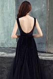 Simple Black Tulle Backless Prom Dresses Straps Zipper Dance Dresses STK15388