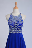 2024 Halter A-Line/Princess Dark Royal Blue Prom Dresses Tulle And Chiffon Sweep P348MBJB