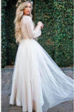 Princess Long Sleeve Lace Top Beach Wedding Dresses With Slit Tulle Ivory Wedding Gowns STK15299