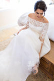 Long Sleeve Off the Shoulder Tulle Wedding Dresses, A line Lace Elegant Wedding Gowns STK15244