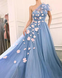 Charming One Shoulder Blue Tulle 3D Flowers Prom Dresses, Long Cheap Dance Dresses STK15119