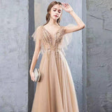 A Line V Neck Tulle Long Prom Dresses, Cheap Evening Dress with STK20488