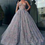 Princess Strapless Sweetheart Beads Ball Gown Rhinestone Prom Dress with Long Sparkly STK15308