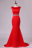 2024 Prom Dresses Scoop Beaded Waistband Satin Sweep Train P8TBJ3RC