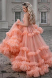 Gorgeous Ball Gown Spaghetti Straps Tulle Ruffles V Neck Prom Dresses with Sequins STK15519