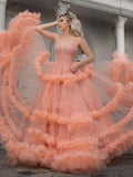 Gorgeous Ball Gown Spaghetti Straps Tulle Ruffles V Neck Prom Dresses with Sequins STK15519