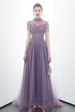 A-Line Tulle Long High Neck Prom Dresses With Ruffles Formal P54APS9X