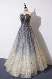 Charming Blue Floral Print Tulle Strapless Long A Line Prom Dresses, Dance Dresses STK15097