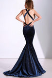 Sexy Mermaid Deep V Neck Velvet Dark Navy Long Prom Dresses, Sparkly Evening Dresses STK15529