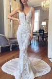 Luxurious Mermaid Lace Ivory V Neck Wedding Dresses, Backless Straps Wedding Dresses STK15522