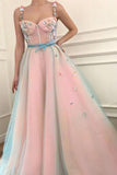 Stunning Applique A-Line Spaghetti Straps Tulle Sweetheart Prom Dresses with Belt STK15434