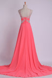 2024 Pleated Bodice Low Back Chiffon Sleeveless A Line Spaghetti Straps Prom PB4SK8SB