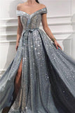 Elegant Sequins Off the Shoulder Sleeveless Prom Dresses, Silver Slit Evening Dresses STK15199